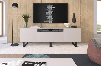 Produktbild von TV-Schrank Masimo 180 cm, TV Lowboard mit vier Regalen, hohe schwarze Rahmenfüße, Schrank fürs Wohnzimmer, Push-to-Open - Kaschmir