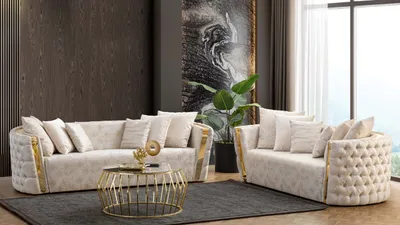 Productafbeelding van Complete beige Chesterfield zitmeubelset: 3-zitsbank, 2-zitsbank, 2-delig