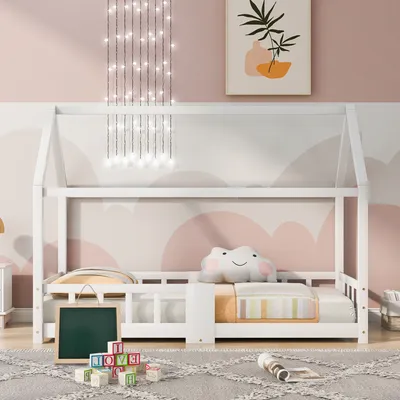 Produktbild von Flieks dětská postel 90x200cm domácí postel s ochranou proti vypadnutí a deskou, moderní postel na hraní podlahová postel z borovicového dřeva postel do dětského pokoje, bílá