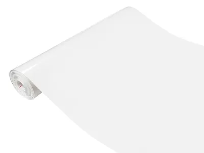 A roll of white glossy vinyl wrap on a white background.