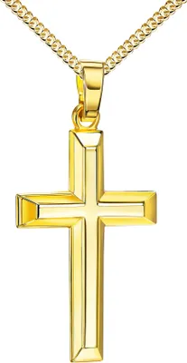 Produktbild von Goldkreuz Kreuzanhänger 585 Gold für Damen und Herren Hochglanz poliert mit 3D-Effekt als Kettenanhänger + Schmuck-Etui Mit Kette  - Kettenlänge 40 cm.