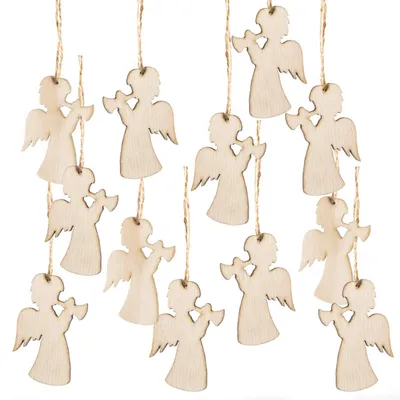 Produktbild von 12 kleine Engel aus Holz mit Schnur zum Aufhängen - natur 6 cm
