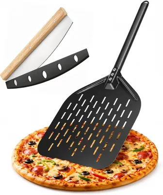 Produktbild von Pizzaschieber-Set mit perforierter Pizzaschaufel und Pizzawiegemesser, Antihaftbeschichtung für hausgemachte Pizza und Brot aus dem Backofen, auf dem Pizzastein oder Grill