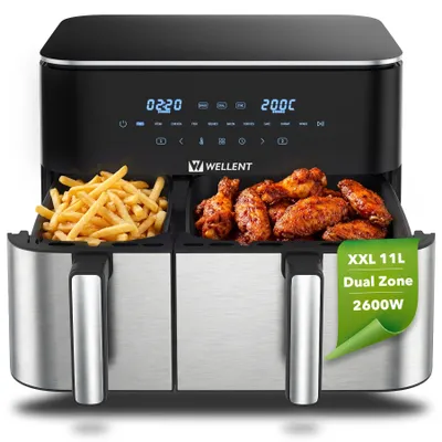 Produktbild von WELLENT XXL Heißluftfritteuse 11L Dual Zone, Airfryer 2600W mit 2 Körben, 10 Programme,LED Touch – 80-200°C – Spülmaschinenfest – Ohne PFAS