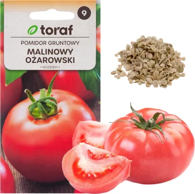 A collage of a seed packet for tomatoes and a pile of tomato seeds, along with images of ripe tomatoes.