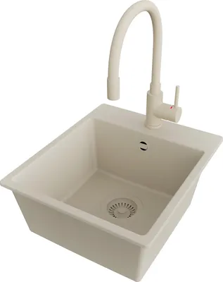 Produktbild von PRIMAGRAN Granitspüle Beige 38x44cm, Spülbecken 1 Becken + Küchenarmatur 38x14cm + Ablauf-Set, Küchenspüle ab 40er Unterschrank - Riga Easy