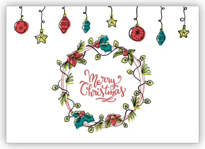Produktbild von 4x Wunderschöne englische Weihnachtskarte mit Weihnachtsschmuck und klassischem Kranz: Merry Christmas