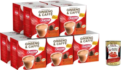 Produktbild von Crastan, 100 Kapseln, 10 Kisten aus 10 Kapseln Ginseng und Kaffeetränk, Kapseln kompatibel mit süßem Geschmack, um zu süßen, glutenfrei, 100% in Italien hergestellt + Italian Gourmet polpa 400g