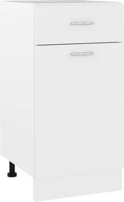 A white kitchen cabinet with one drawer and one door, shown from a slight diagonal angle.