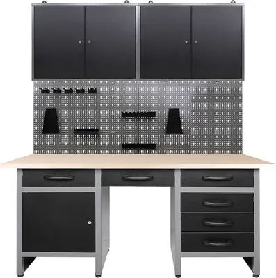 Produktbild von Ondis24 Metall Werkstatt Set 160 cm "Harry" Werkbank + 2 Schränke Arbeitshöhe 85 cm abschließbar höhenverstellbare Füße Arbeitsplatte Holz Werkstatteinrichtung Packtisch Werktisch Werkstatttisch Montagewerkbank Hängeschrank Werkzeugschrank Werkstattschrank Werkzeugwand Werkstattwand Werkzeughalter Lochblech
