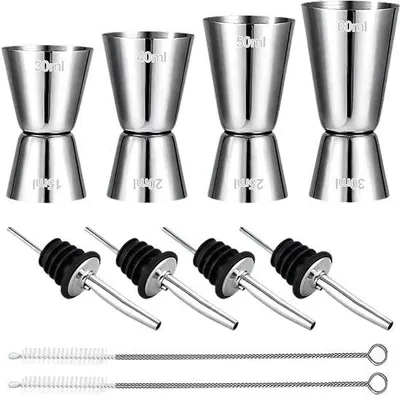 Productafbeelding van Unyqoos® Set van 4 cocktailmaatbekers van roestvrij staal met interne schaalverdeling, dubbelzijdig, 4 schenktuiten en 2 reinigingsborstels – baraccessoires