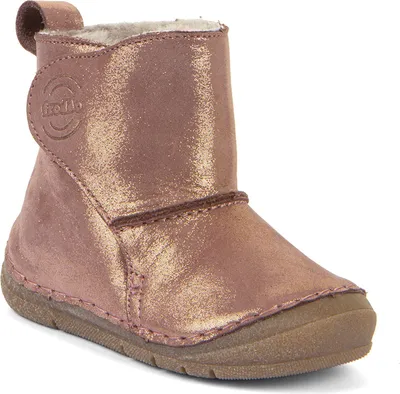 A single pink and gold winter boot for children.
