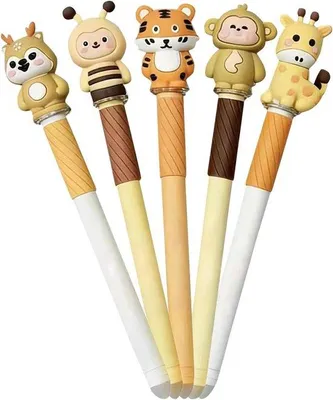 Productafbeelding van Uitwisbare Pennen - Gelpennen Set - Journaling en Tekenen - Dierenvormige Doppen - 5 stuks - Blauw