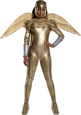 A person wearing a full-body golden costume with wings.