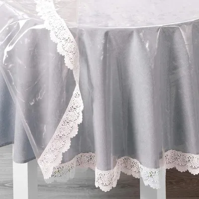 Produktbild von Transparente Schutztischdecke mit weißer Vinylspitze, rund 160 cm, abwaschbar