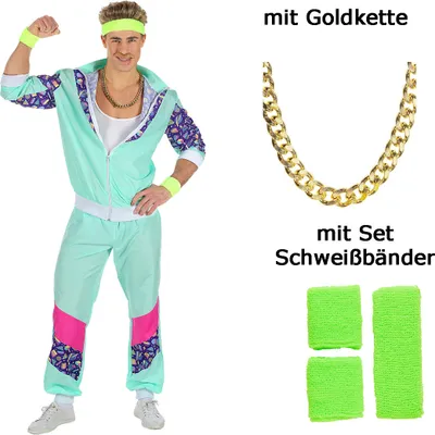 Produktbild von 80 er Jahre Trainingsanzug Proll in türkis + Goldkette + Schweißbänder S - 48/50