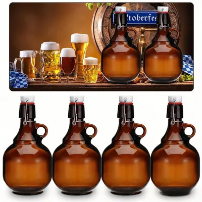 Produktbild von 4er-Set Bier-Glasflaschen Growler 1 L–Bernsteinfarbene Glasflaschen mit Deckel, Für Bier, Saft, Cider, Wein & Heimgebraut, Fermentation & Aufbewahrung