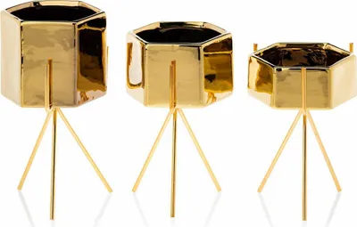 Produktbild von HowHomely | Pflanzkübel Set - Sashi Gold - 3 Größen - Keramik und Metall - Stilvolle Dekoration - Blumentöpfe