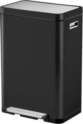 Produktbild von Stilvoller rechteckiger Treteimer mit extra breitem Pedal & gedämpften Stay-Open-Deckel | 20+20 Liter, HxBxT 65,2x43,3x33,4cm | Schwarz, Deckel Edelstahl