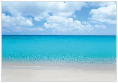 Produktbild von Wallario Premium Glasbild, freischwebende Optik, kräftige Farben, Größe 100 x 70 cm Motiv Sandstrand und blaues Meer