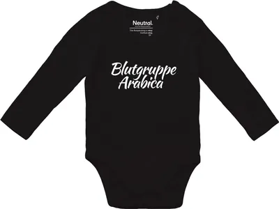 Produktbild von Huuraa Baby Body Blutgruppe Arabica Schriftzug 68 Black Bio Baumwolle Fairtrade Langarmbody Geschenkidee