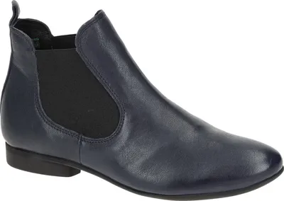 A single navy blue leather ankle boot is shown against a white background.