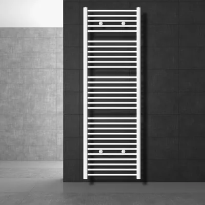 A white towel radiator is shown in a modern bathroom setting with dark tiled walls and a grey tiled floor.