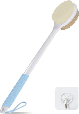 Image de Brosse à dos de douche 42 cm long manche poils souples et rigides en bleu