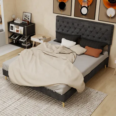 Produktbild von okwish Jugendbett 160x200Doppelbett mit Holzbettrahmen und  hohe Kopfteil,Bettgestell ohne Gasstange,Holzbett aus Samt,Grau(ohne Matratze)