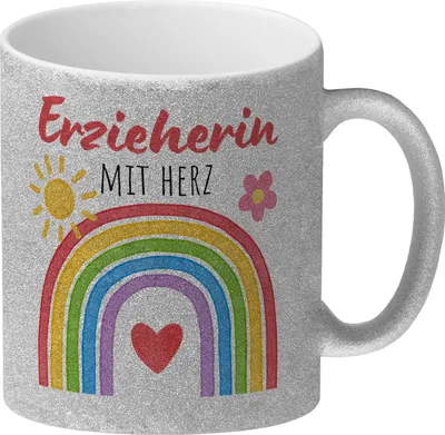 Produktbild von Regenbogen Glitzer-Kaffeebecher mit Spruch Erzieherin mit Herz