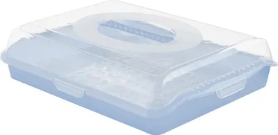 A light blue plastic cake carrier with a clear lid.