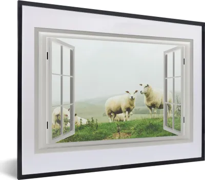 Produktbild von MuchoWow® MuchoWow® Gerahmtes Poster Durchblick - Gras - Schafe 40x30 cm - Poster mit zchwarzem Bilderrahmen - Bilderrahmen - Poster im Rahmen