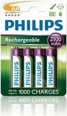 A package of Philips rechargeable AA batteries.