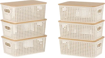 Zdjęcie produktu dla Pudełka do przechowywania Relaxdays, zestaw 6 sztuk, z pokrywką, z tworzywa sztucznego i bambusa, z uchwytami, wymiary: 10,5 x 25,5 x 18 cm, organizer, białe