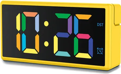 A digital alarm clock with a multicolor display.