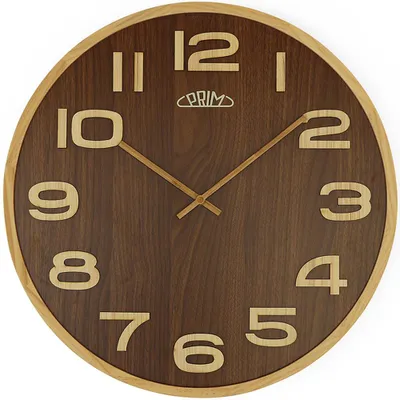 Produktbild von PRIM Timber Veneer Wanduhr Holz lautlos 3D-Zahlen Braun 50 cm