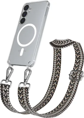 Produktbild von EAZY CASE - Handykette mit MagSafe Hülle für Samsung Galaxy S25, Handyband ZigZag Style,Karabiner Silber, Umhängeband in Grau