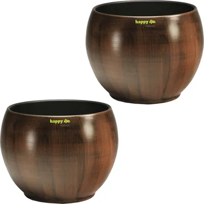 Produktbild von Set 2 Keramik Blumentöpfe Bali in Holzdekor Ø 18cm / Höhe 13cm