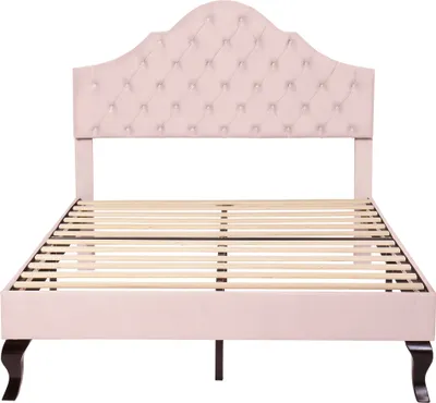 Produktbild von Flieks Polsterbett Doppelbett 140x200cm Jugendbett mit Lattenrost und muschelförmigem Kopfteil, Massivholzbett Ehebett Samt, Rosa