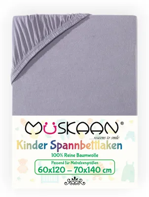 Produktbild von Müskaan Jersey Kinder Spannbettlaken 60x120 - 70x140 cm grau bis 12cm Matratzenhöhe Gummizug Bettlaken 100% Baumwolle