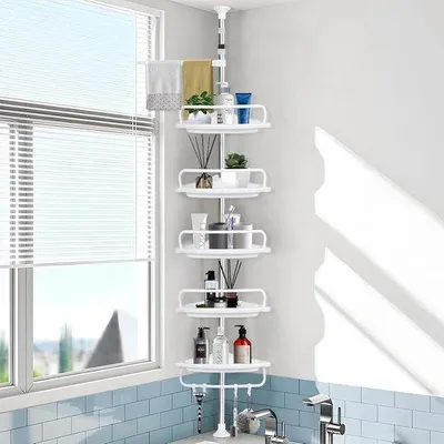 Produktbild von Teleskopische Badkamer Organisator mit 5 Planken, verstelbar in Höhe, 100-310 cm, bohrfrei, aus Edelstahl, weiß