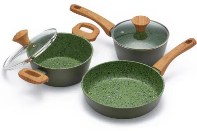 Produktbild von Antihaft-Kochgeschirr-Set Grün 3-teilig 6" Topf, 8,5" Pfanne, 7" Schmortopf Keramik-Holzgriff für alle Herdarten PFOA-frei