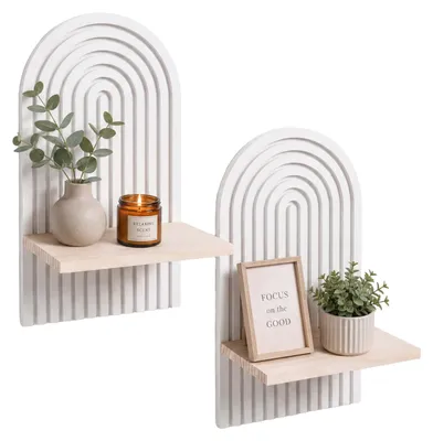 Productafbeelding van Relaxdays Wandplanken, set van 2, afmetingen (hoogte x breedte x diepte): 35 x 18 x 13 cm, hout, regenboogdesign, boho-stijl, zwevende planken voor de woonkamer, naturel/wit
