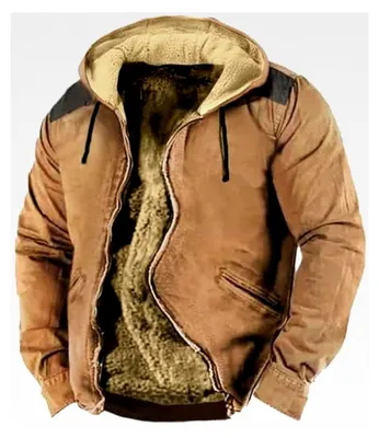 Produktbild von Herren Fleecejacke mit Kapuze, Vintage Winterjacke, Digitaldruck, Outdoorjacke, Lange Slim Fit Wollmantel, Warmer Einreiher Wintermantel, Business Trenchcoat, Übergangsmantel