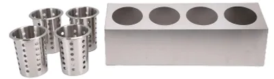 Image de Support pour couverts argentés, en acier inoxydable, pour organiser les ustensiles de cuisine (fourchettes, cuillères, baguettes) avec 4 compartiments et 1 rangée