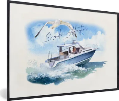 Produktbild von MuchoWow® MuchoWow® Gerahmtes Poster Boot - Vogel - Aquarell 30x20 cm - Poster mit zchwarzem Bilderrahmen - Kunstdruck - Bild-Poster