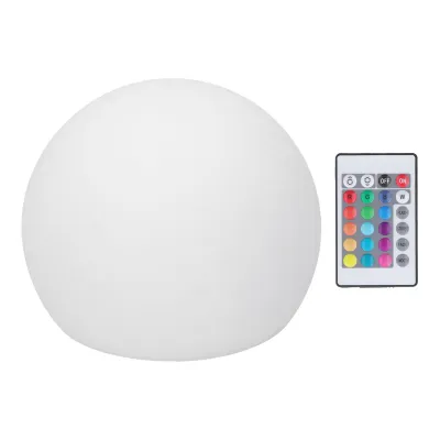 A white spherical LED light and a remote control are shown against a white background.