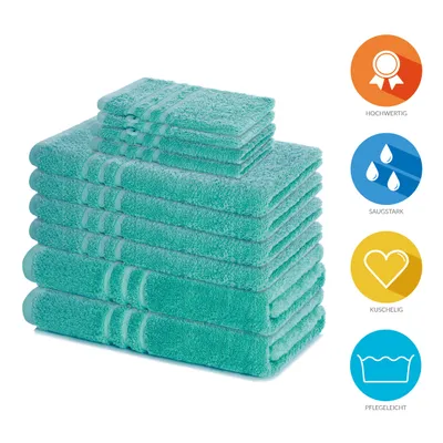 Produktbild von Lavea® 10-teiliges Handtuch Set Elena, 100% Baumwolle - 4x Handtuch, 2x Duschtuch, 2x Gästetuch, 2x Waschhandschuh, Handtücher Set -  Türkis