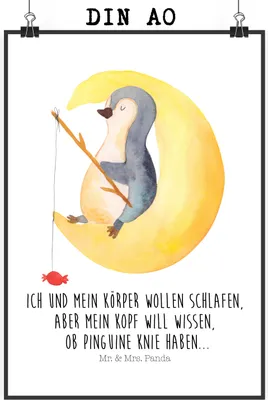 Produktbild von Mr. & Mrs. Panda Bild Pinguin Mond DIN A0 - Weiß - Geschenk, Plakat, Neugierig, wanddeko, Süßigkeiten, Wandbild, drucke, schlafen, Angel, Nachtruhe, Kunstdruck
