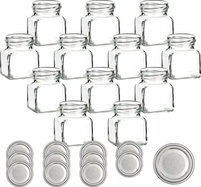 Produktbild von gouveo 12er Set Einmachgläser 120 ml eckig Schraubverschluss silberfarben - Kleines Vorratsglas mit Deckel für Gewürze, Marmelade
